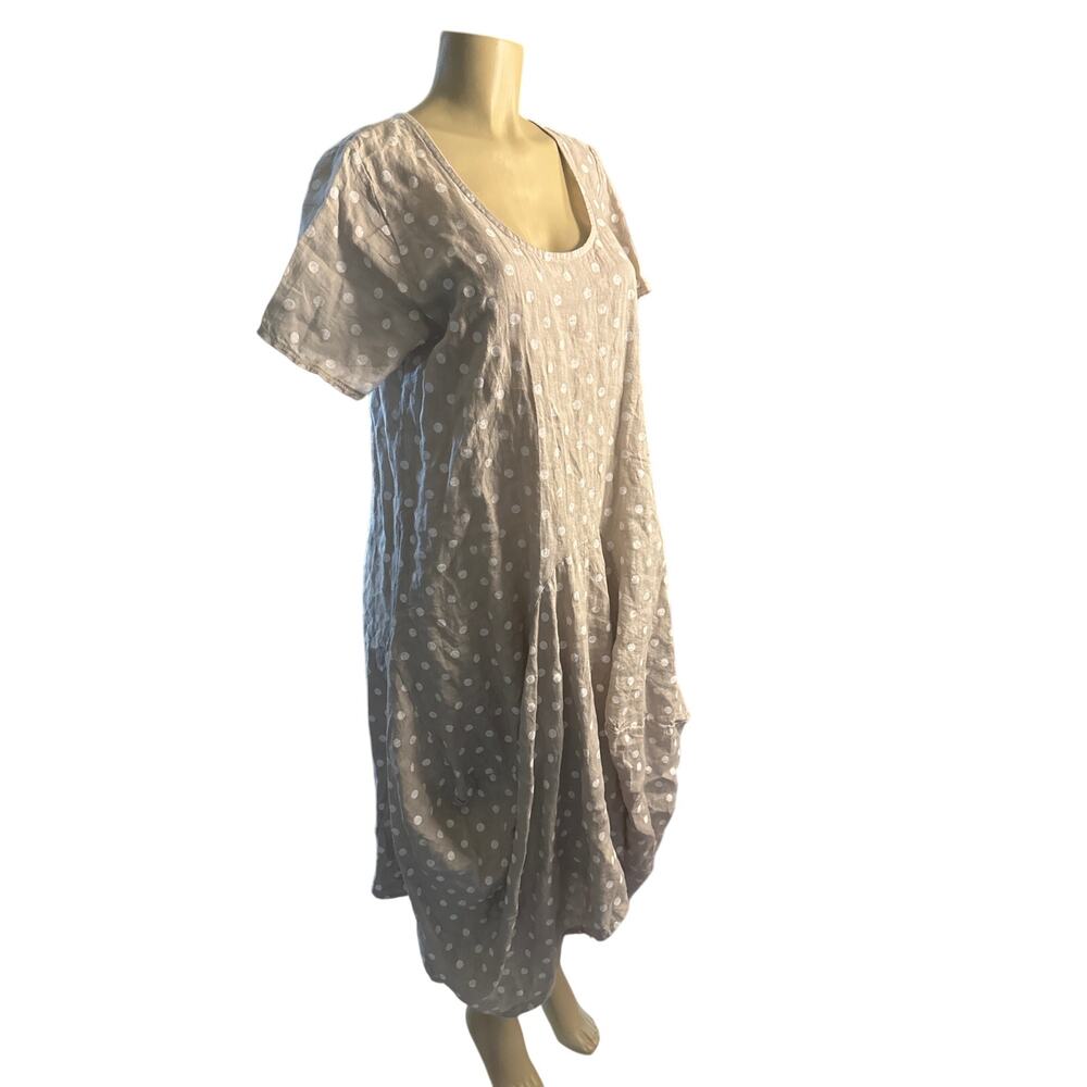 Women L Luca Vanucci Italy Beige Polka Dot 100% Linen Lagenlook Dress Asymmetric